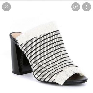 Gianni Bini (Size 9.5M) Frayed Striped Pattern Slipon Peep Toe Mule Chunky Heels